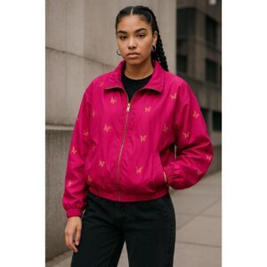 Vintage Abvien Y2K Pink Silk Gold Butterfly Print Bomber‎ Jacket Size XL